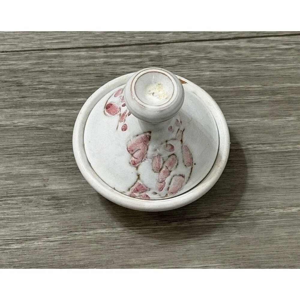 Vintage Small Clay Tagine White W/ Pink Flowers Handmade & Signed BROKEN - READ